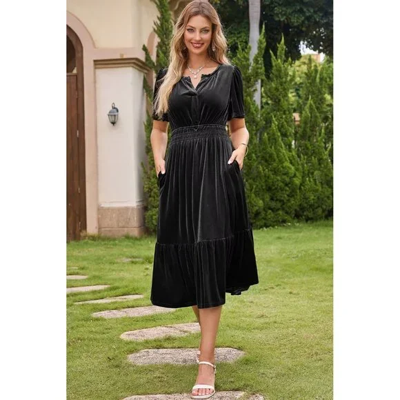 Women's Velvet V Neck Short Flared Sleeve Tiered Dress Pockets Midi